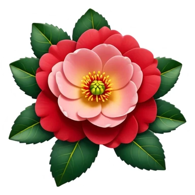 Classic camellia flower with perfectly arranged overlapping red petals, distinctive yellow stamens in center, and serrated glossy dark green leaves sticker