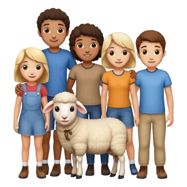 5 persons (3 girls and 2 boys) and a sheep sticker