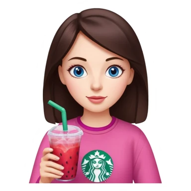 make an emoji of a brunette blue eye girl wearing pink drinking a strawberry acai refresher from starbucks sticker