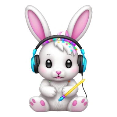 cute rave bunny wearing headphones, holding a glow wand, surrounded by confetti, festive mood sticker