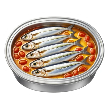 open oval tin showing tightly packed whole sardines in shiny silver skin, slightly overlapping and nestled in golden oil or tomato sauce, clean outlines, glossy preserved texture, no fork, garnish, or label, just the open tin and contents, soft lighting, subtle shadows, emoji scale sticker