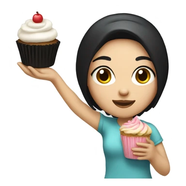 A girl with white skin black hair holding a cupcake sticker