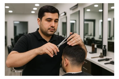 shu odamni sartaroshxonada mijozlarni sochini olayotganin  tasvirlab ber juda yosh ham katta ham bo'lmasin semiz ham bo'lib ketmasin o'smirin davrini yuzi ko'rinmasin sticker