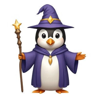 penguin wearing a wizard hat and robe, holding a magic wand sticker