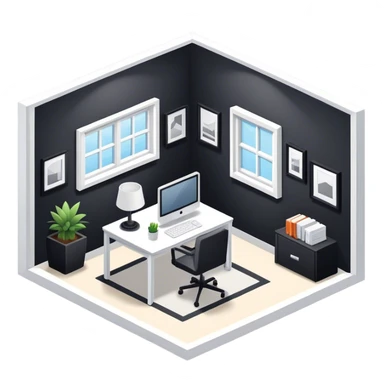 An isometric 3D room with two walls that meet at the back left and right and a Window. Black and White Home Office sticker