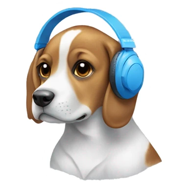 A beagle dog in blue Sony headphones with white bows sticker