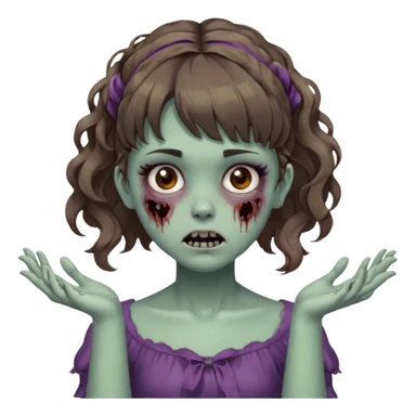 Cabelo ondulado  um pouco cheio e franja curta  Olhos marrons e pequenos e feita d ezumbi mais bonita com cabelo amarro na e com as mãos assim tipo assim🧟‍♀️ sticker