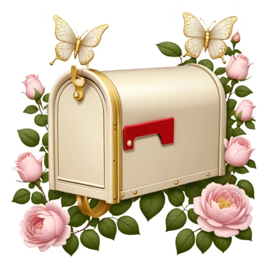A vintage-inspired letterbox scene, where an old-fashioned ivory mailbox with golden filigree stands in a blooming rose garden, overflowing with love letters adorned with pressed blush roses and white peony petals, with pearl butterflies fluttering nearby. sticker