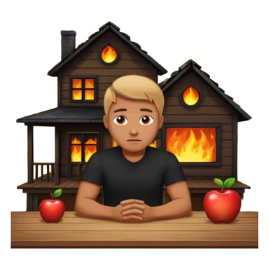 a man sits sadly at a table, a house on fire behind him, apple style emoji sticker