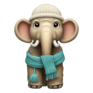 a baby mammoth in a small knitted hat and a narrow knitted scarf sticker