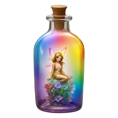 Antique oil bottle made of crystal glass of all delicate colors of the light rainbow, a living flower fairy sits at the bottom of the bottle sticker