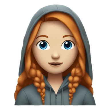 Girl with long ginger hair with a middle part, blue eyes and long eyelashes wearing a hoodie sticker