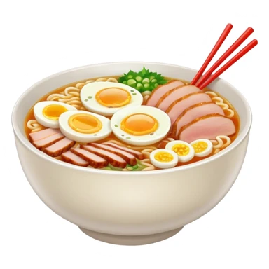 Create a realistic ramen bowl with broth, egg, pork slices & toppings. sticker