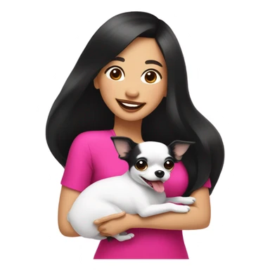 Thick medium black hair with hot pink lips and pink cheek smiling mature Filipino lady hugging black and white Chihuahua  sticker