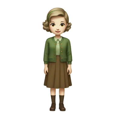 Very young girl with pale skin, straight brown, short hair, a brown 1940s dress with an earthy green cardigan sticker
