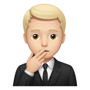 white man in formal suit thinking hard, hand to mouth sticker