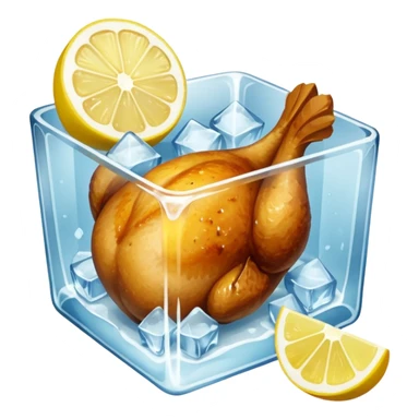 a baked chicken dish with lemon wedges in a large ice cube sticker