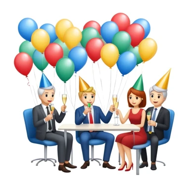 office party with coworkers celebrating, holding drinks and snacks, decorations and balloons in the background sticker