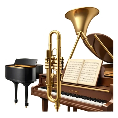 Create an elegant and vintage-inspired emoji representing jazz vocal performance. In the foreground, feature a classic, antique jazz microphone on a stand. Behind it, place a grand piano, with the lid slightly open, and have a Selmer Model 19 Balanced Action trumpet resting on top of the piano. The trumpet should have visible details like its shiny brass finish and the unique design of the valves. Add musical notes flowing around the scene to capture the improvisational essence of jazz. Use rich, deep colors like black, gold, and dark wood tones to evoke the timeless, sophisticated atmosphere of jazz. The background should be transparent. sticker