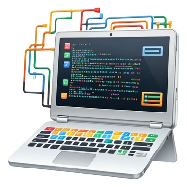 An icon featuring a laptop screen with colorful lines of code, brackets, and a blinking cursor, symbolizing programming. The design includes flowcharts, gear icons, and binary code, representing software development and logical problem-solving. Transparent background highlights the world of coding. sticker