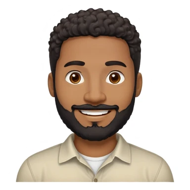 Caribbean man in his early 40s with medium brown complexion. Round friendly face. Energetic expression with wide smile. Cheerful dark eyes. Thick eyebrows. Wide nose. Well-groomed full black beard. Short curly black hair with faded sides. Wearing a cream colored casual shirt. sticker