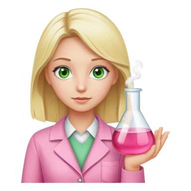 blonde girl with green-grey eyes, dressed in pink clothes, chemist sticker
