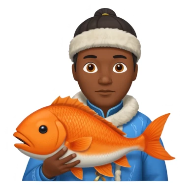 inuit man with traditional inuit clothes and orange fish sticker