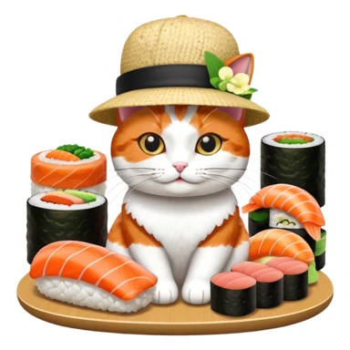cat wearing a hat made out of sushi sticker