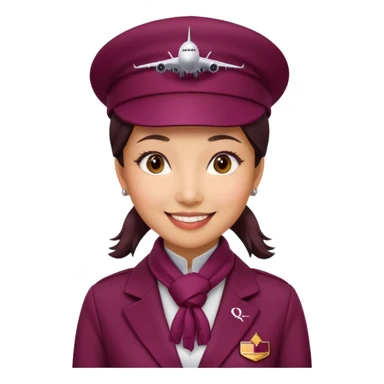 Asian woman wearing a Qatar Airways cabin crew uniform with a burgundy jacket, matching hat with logo, and a scarf, smiling, simple background sticker