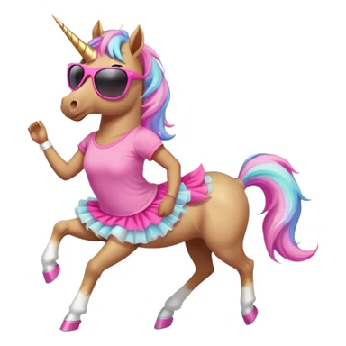 friendly anthropomorphised female unicorn with horse-like face, in tutu and pink t-shirt, wearing dark sunglasses, jogging upright in standard pose sticker