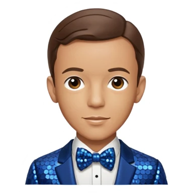 Fred Astaire with brown hair, dark blue sequin suit with bow tie sticker