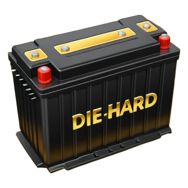 black car battery labeled 'Die Hard' with golden energy waves surrounding it, highlighting its strength sticker