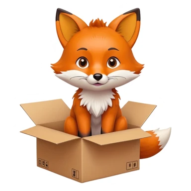 Cute fox sitting in a cardboard box with playful expression, kids toy aesthetic sticker