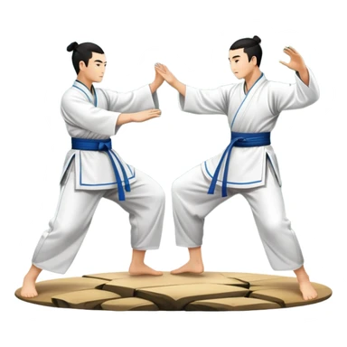 Two martial artists in traditional Wushu attire, performing elegant, fluid moves. The background shows a peaceful, scenic landscape with mountains and bamboo trees, symbolizing the balance of power and grace in Wushu.  sticker