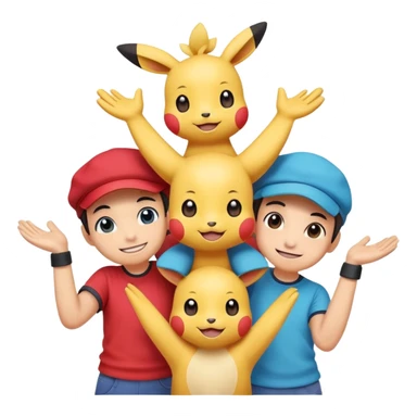 Three Pokémon characters working together as friends — bright, cheerful, and playful. They are helping each other: one is lifting another up, another is offering a hand, and they are all smiling. The style is colorful, cute, and cartoon-like, with a joyful background. sticker