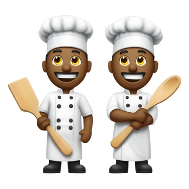artoon chefs, one holding a spatula and the other a cleaver, are depicted against a light gray background.
The scene composition features two separate, but similar, figures, positioned vertically.  Each figure is centered and presented in a three-quarter view.  The timing is static, implying a moment of action or preparation. The figures are framed to isolate them, emphasizing each character's distinct pose and culinary tools.  The elements are positioned to direct attention to the figures and tools. sticker