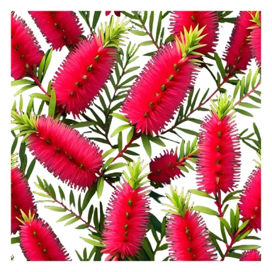 Cinematic Realistic Callistemon Emoji, Vibrant and striking, with spiky red flowers resembling a bottlebrush. The slender leaves create a fine backdrop to the bold blooms, while the plant exudes energy and vitality. Soft glowing outline, capturing the essence of strength, color, and natural beauty in a brilliant callistemon tree! sticker