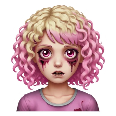 Zombie, Curly hair with bangs, half pink and the front part of the right side pink too, the back part blonde highlights, dark brown eyes  sticker