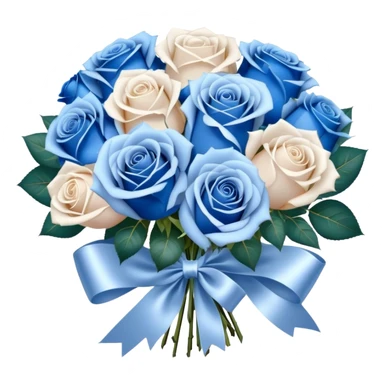 A luxurious bouquet of deep blue and pastel blue roses, elegantly wrapped in pearl satin ribbon, with delicate silver baby's breath flowers adding a shimmering touch sticker