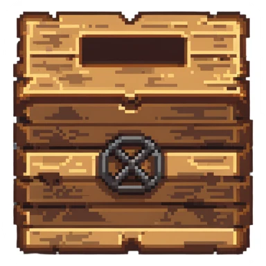 Flat 2D wooden crate with metal reinforcements, color #c2410c with darker wood grain, visible wood grain texture, metal bands across the crate, no perspective, flat 2D appearance, breakable look, simple warning symbol, 32x32 pixels sticker