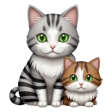 Grey and white cat next to a brown and black striped with white fluffy fur cat. Both cats have green eyes   sticker
