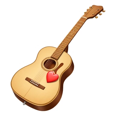 “Flat vector icon of a Cuban tres guitar in three-quarter view, warm brown, thick outline, centered on a warm cream or beige rounded-square (or circle); near the soundboard add a small red or pink heart with a soft glow and 2–3 tiny sparkles to suggest ‘soul’.  sticker