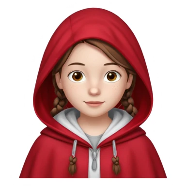 A 12-year-old girl, with fair skin, freckles, and a warming smile that shows her pale pink lips. She has big brown eyes and normal eyebrows. Her brown hair is styled in French braids that reach her breasts. She wears a bright red hooded cloak with the hood drawn over a pretty white tank top. sticker
