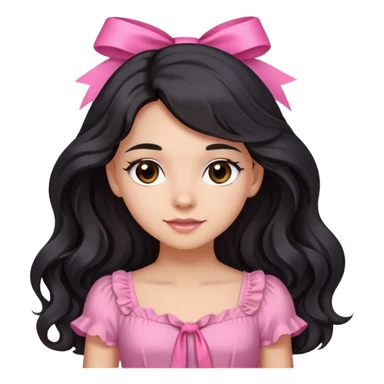 Beautiful girl with long wavy black hair, brown eyes, light skin, slight smile, pink ribbon in hair, and pink dress sticker