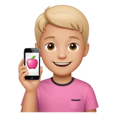happy little kid with a phone, pink shirt, apple style emoji sticker