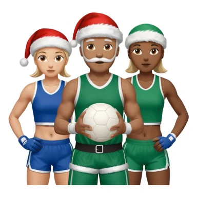3 atletas, um homem no meio e duas mulheres com cores de pele diferentes, usando elementos esportivos, bola de futebol, luvas de luta e bola de vôlei. Coloque um chapéu de papai noel das cores verde e com roupas azul e branco sticker