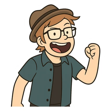 Patrick Stump from Fall Out Boy, cartoon style, signature hat, glasses, energetic expression sticker