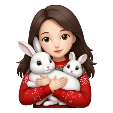 Brunette hugging rabbit christmas sticker