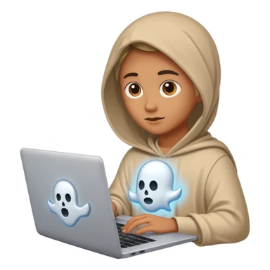 Create an emoji where an ungender person sits in front of the desk, designing ghost characters on laptop. Please refer to the attached image for ghost characters. sticker
