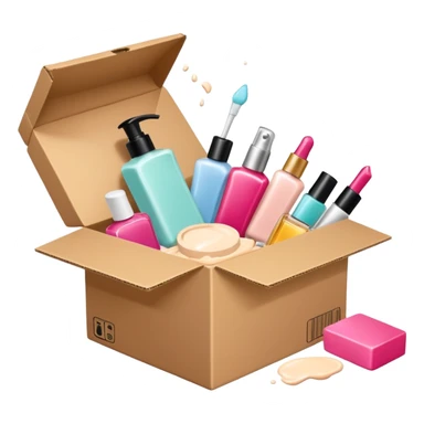 a cardboard box with assorted beauty products like compact, lotion, and nail polish spilling out with a blue background, variation 1 sticker